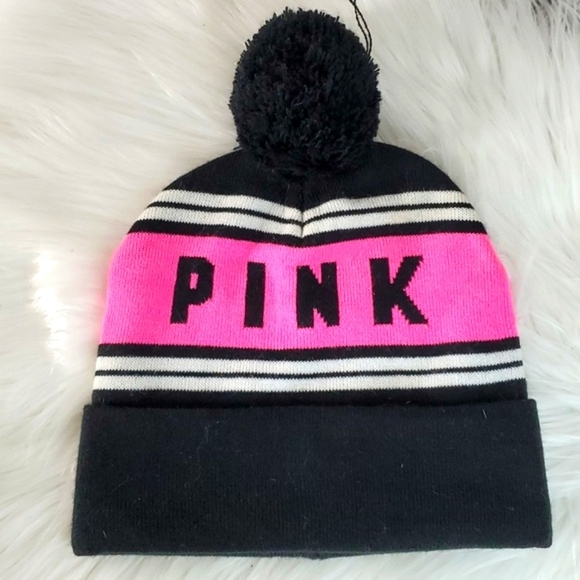 Victoria's Secret PINK Pompom Logo Knit Beanie Tobbogan Black & Pink One Size - Picture 4 of 10